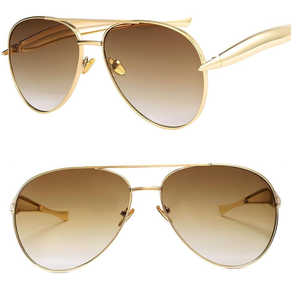 Women's Gold Brown Gradient Oversized Pilot Retro 70s Chic Fashion Sunglasses
